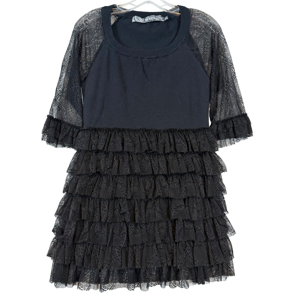 Forever 21 Twist Black Lace Tiered Ruffle Mini Dress 3/4 Sleeve Goth Emo Punk L